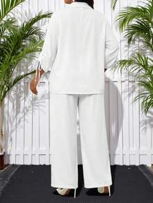 SHEIN Lady 两件套加大码纯色宽松休闲半开襟衬衫 - 白色 - 查看 3