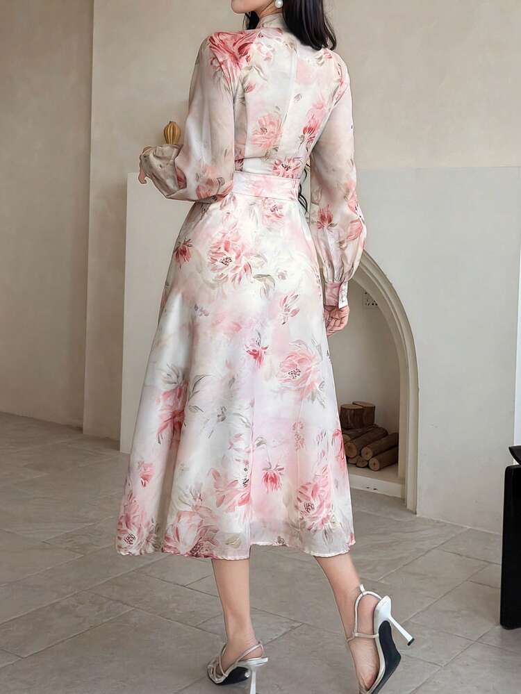 Women's Elegant Floral Print Stand Collar Belted Beaded Shirt Dress, Mid-Length, Spring/Summer Wedding Guest Dress Sundress