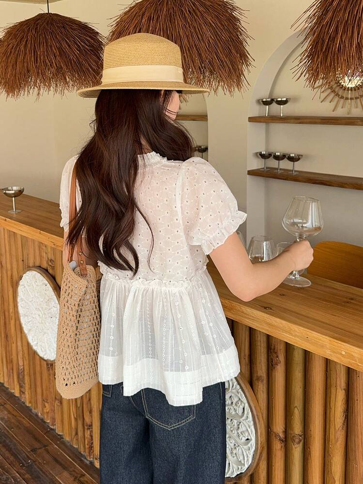 Women's U-Neck Ruffle Hem Short Sleeve T-Shirt, Sweet Loose Fit Flattering Design Versatile Blouse Top For Summer