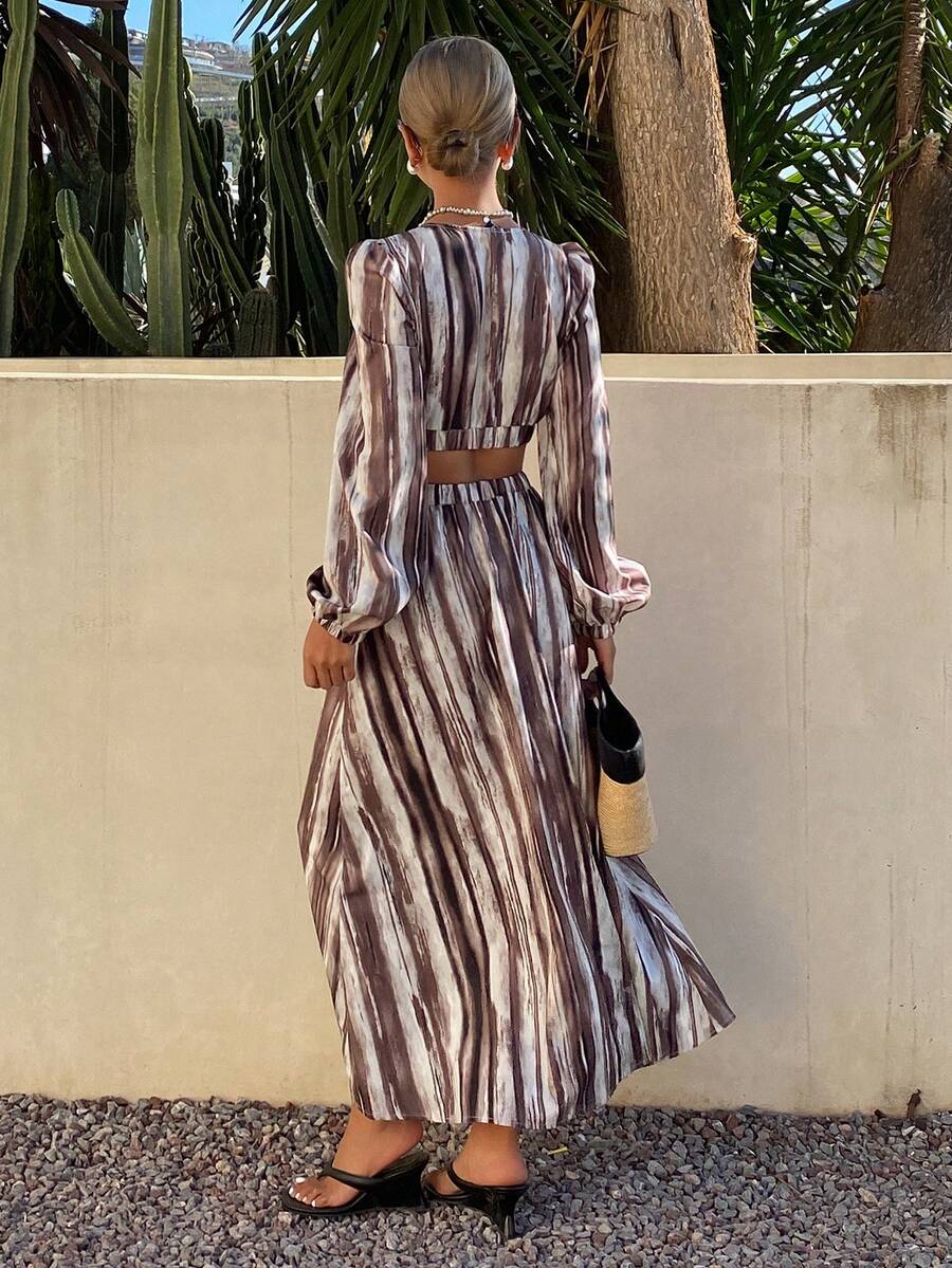 Livesso 女士休闲条纹短款连衣裙，适合度假 - 棕色 - 查看 1