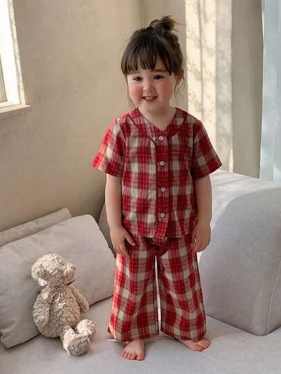 DAZY 2pcs Baby Girls V-Neck Plaid Long Sleeve Shirt & Pants Set, Comfortable Korean Style Loungewear