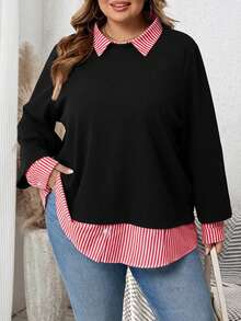 SHEIN CURVE+ Plus Size Women Striped Long Sleeve Casual Patchwork Sweatshirt Winter Fall Autumn - Multicolor - View 7