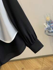 Franclia 女士撞色纯色翻领衬衫，适合通勤、办公、返校、教学、室内外穿着，春秋季款 - 黑與白 - 查看 4