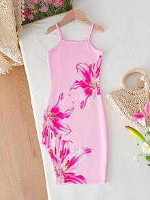 女童碎花吊带修身连衣裙，休闲沙滩度假装，夏季 - 粉色 - 查看 8