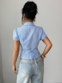 SHEIN Elenzya Women's Front Button Fitted Striped Puff Sleeve Blouse - Blue - View 2