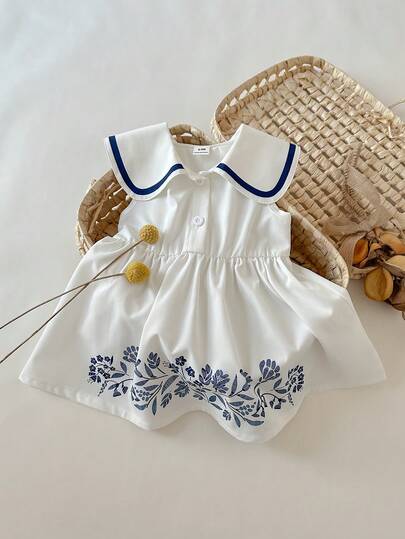 SHEIN 1 pieza Conjunto de chaleco sin mangas con botones y estampado floral + vestido/falda blanca de tejido casual para niñas, estilo lindo y minimalista adecuado para salidas de verano y vacaciones