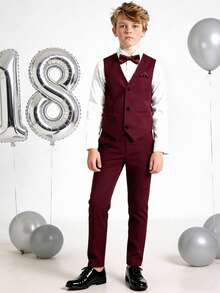 四件套男士西装：无袖酒红色马甲、外套和长裤，优雅正式的生日派对、舞会、婚礼、洗礼、周年纪念等场合的理想之选。 - 酒紅色 - 查看 7