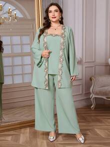 Reflora Completo da donna taglie forti, 2 pezzi, elegante outfit con decorazioni in strass viola, adatto per feste, autunno/inverno - Verde - Visualizzare 7