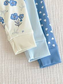 3pcs Baby Girls Fashionable Minimalist Heart Flower Rabbit Print Stretchy Knit Crew Neck Long Sleeve Top And Pants Casual Comfortable Homewear Set Baby Set Autumn Winter Season Pajama Baby Set Baby Casual Sets Snug Fit - Blue - View 5