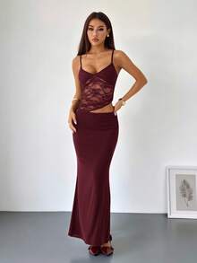 SHEIN PETITE Đầm maxi gợi cảm xuyên thấu, khoét eo, phối ren tương phản, thích hợp cho kỳ nghỉ hè trên bãi biển, hẹn hò hàng ngày, đi chơi đêm, hộp đêm, tiệc tùng, tiệc cocktail, tiệc bể bơi, và mùa tựu trường. - Màu đỏ tím - Xem 5