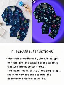 男婴睡衣 - 两件套睡衣，太空星球印花，长袖翻领睡衣上衣搭配同色长裤，海军蓝底色，四季皆宜，适合2026年假日穿着，舒适又充满节日气氛，趣味十足。本产品需要紫外线照射才能发光。 - 寶藍色 - 查看 6