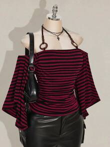 SHEIN ICON 大码女式 Y2K 复古条纹露肩喇叭袖吊带时尚 T 恤，前卫街头风，休闲喇叭袖露肩条纹针织上衣 - 彩色 - 查看 8