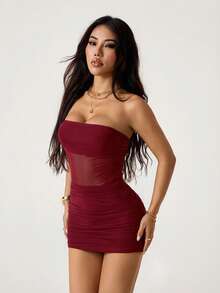 SHEIN PETITE 女士纯色网纱拼接褶皱修身迷你抹胸连衣裙 - 酒紅色 - 查看 5