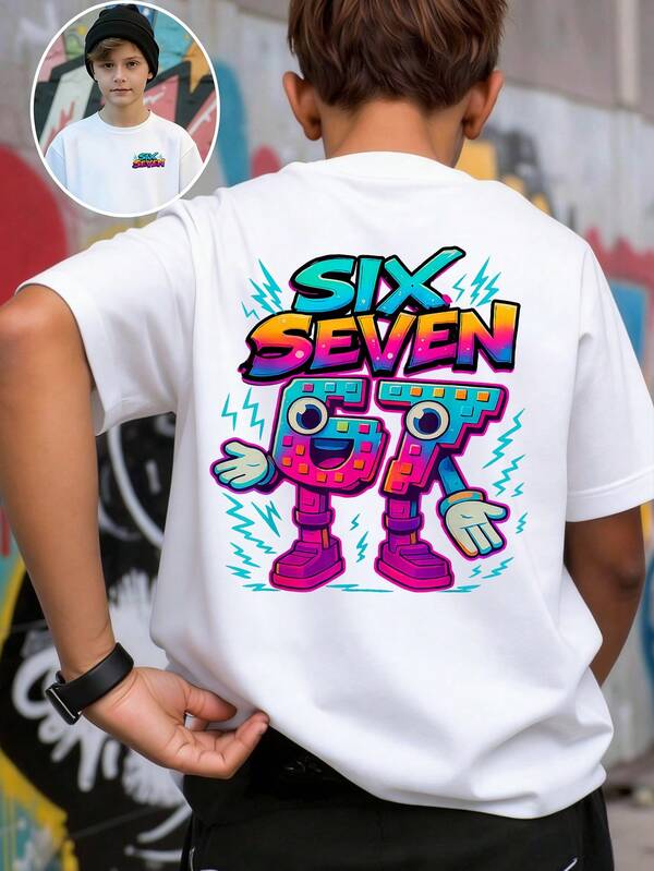 SHEIN Streecool Kids Maglietta casual e stilosa per ragazzi, con grafiche creative che presentano numeri, cartoni animati, fulmini, t-shirt a maniche corte comoda e basic per primavera, estate e autunno