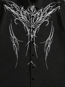 ROMWE MEN Goth 印花前开襟纽扣休闲短袖衬衫（现货） - 黑色 - 查看 3