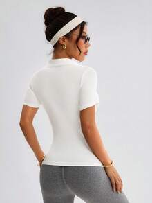 With My Calm Women's Basic Polo Shirt With Collar And V-Neck, Suitable For Sports, Yoga, Outdoor Fitness - White - View 2