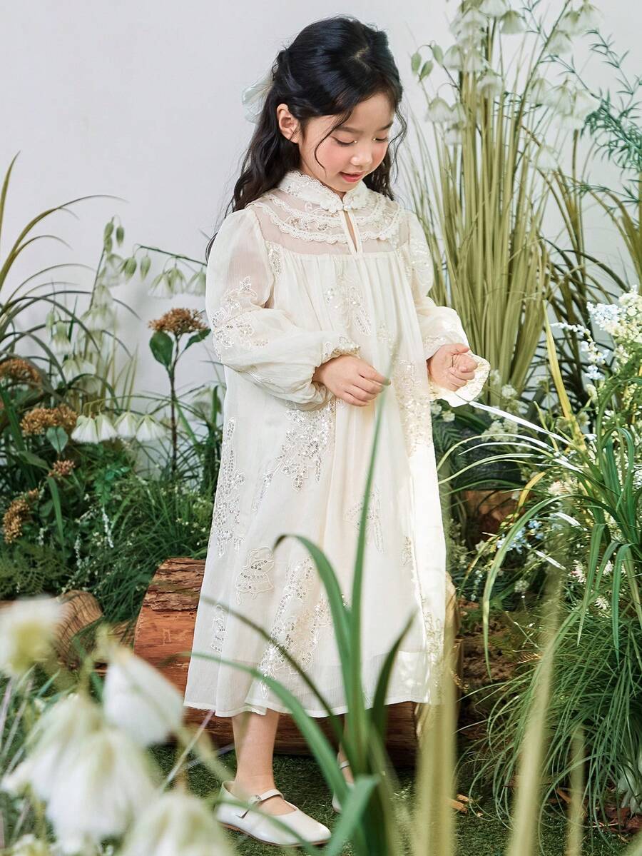 DAZY 女童（小号）优雅度假中长连衣裙 - 米色 - 查看 1