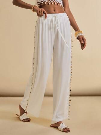 SHEIN Veneréa Women's Summer Beach Solid Color Wide Leg Pants With Side Shell Sequin Trim Coverup