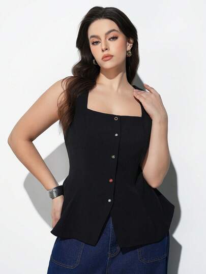 Maija Plus Size Square Neck Metal Decor Hem Ruffle Hem Blouse, Romantic Elegant Versatile Business Casual Everyday Wear, Suitable For Office, Teacher, Wedding Guest, Valentine's Day