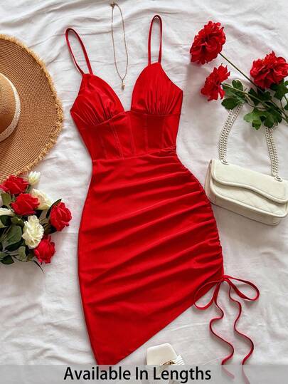 SHEIN Tall CURVE Plus Size Solid Color Ruched Asymmetric Hem Elegant Camisole Dress Summer Dress Summer Holiday Outfits Wedding Guest Dress For Women  Elegant Dresses  Red Dress Red Vacation Dress Red Beach Dress Bodycon Summer Dress Vacation Dinner Dress,Red Dress , Beach Vacation Outfits For Women , Elegant Dress For Women , Graduation Dress Women , Wedding Party Dress , Valentine , Summer Dress
