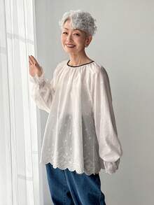 FRIFUL 女士纯色棉质休闲宽松衬衫，领口、下摆和袖口采用撞色滚边设计 - 白色 - 查看 6