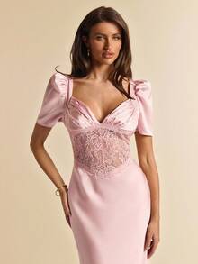 SHEIN BAE Spring/Summer Sexy Deep V-Neck Halter Waist Lace Hollow Splice Fishtail Satin Short Sleeve Maxi Dress, Suitable For Cocktail Party, Romantic Date, Party, Formal Gathering, Bridesmaid Dress, Evening Dress, Brunch Dress, Valentine's Day, Tea Party, Lace Dress - Pink - View 7