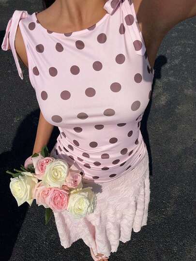  MainGRL Coquette Feminine Style Pink & Brown Polka Dot Print Vintage Bow Tie Strap Ruched Waist Women's Vest, Valentine's Day & Daily Date Brunch Outfit, Spring Summer Preppy Aesthetic Slim Fit Cute Romantic Women's Top