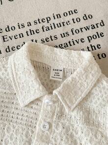 Playful Pals 2pcs Baby Boys Polo Collar Short Sleeve Jacquard Knit Beige Button-Up Top + Elastic Waist Shorts Casual Outfit, Suitable For Summer Outings Or Everyday Wear - Beige - View 3