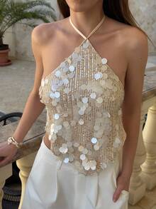 SHEIN PETITE CURVE Plusstorlek Dam Enfärgad Paljett Asymmetrisk Halterneck Camisole - Aprikos - Visa 6