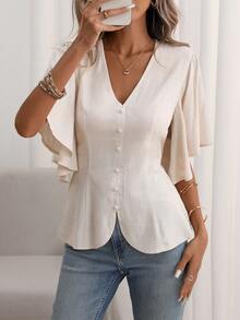 EMERY ROSE 女士纯色亚麻V领纽扣装饰鱼尾下摆泡泡袖衬衫，杏色，优雅复古法式风格，适合办公室、通勤、商务、休闲、度假、下午茶、街头等场合，简约百搭，展现澳洲休闲、波西米亚风情，日常休闲，春夏新款 - 杏色 - 查看 3