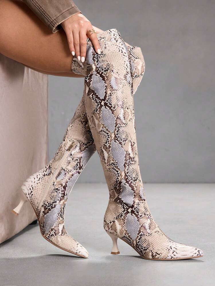 CUCCOO SZL Women's Classic Snake Skin Thigh High Boots, Fashion Super High Heel Pointed Toe Elegant Minimalist Stretch Over-The-Knee Boots Valentine's Day