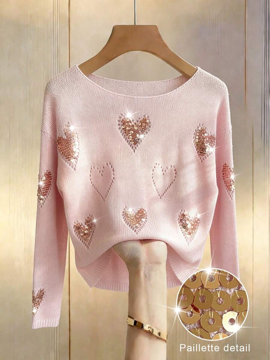 Chiquease 女士春夏薄款针织套头毛衣，适合派对/约会/休闲/优雅场合，百搭纯色，船领，落肩设计，宽松版型，长袖，高端休闲，重工心形亮片镂空针织套头毛衣；粉色上衣；适合情人节、度假等场合；闪亮亮片上衣，心形图案，约会、可爱、度假风粉色亮片上衣，粉色毛衣，女士毛衣，女士毛衣上衣 - 粉色 - 查看 1