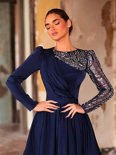 Aureia Elegant Navy Blue Round Neck Sequin Satin Patchwork Long Sleeve Dress With Pleated Front, Faux Belt And Oversized A-Line Skirt, Suitable For All Formal Occasions, Conservative Yet Novel And Elegant Floor-Length Party Dress, Wedding Guest, Luxury Evening Gown, Middle Eastern Evening Dress, Formal Dinner Dress