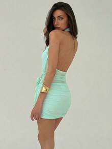 Aloruh Robe d'été courte pour femme, robe ajustée en maille de couleur vert jade macaron élégante avec décoration florale 3D faite à la main. Convient pour les vacances à la plage, le style bohème, les festivals de musique, les anniversaires, le thé de l'après-midi - Vert menthe - Voir 3