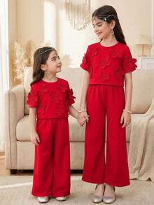 Young Girl Elegant Round Neck 3D Flower Decor Blouse & Pants Set Young Girl - Red - View 1