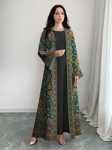SHEIN Najma Women's Floral Digital Print Pop Art Style Long Sleeve Casual Arabic Abaya Cardigan Outerwear, Spring/Autumn - Multicolor - View 4