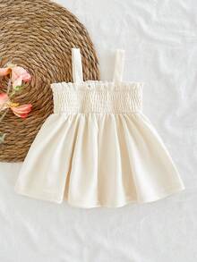SHEIN Vintaside Kids 新生女宝宝连衣裙，可爱度假风蓝色格子花卉刺绣吊带裙设计，适合春夏外出、派对、拍照、上学等场合，1-9个月 - 杏色 - 查看 3