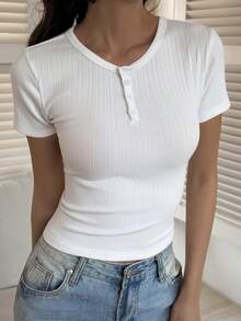 Livesso Women's V-Neck White Casual Vacation Beach Short Sleeve T-Shirt, Slim Fit, Spring/Summer - White - View 5
