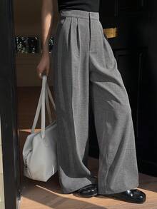 DAZY Quần ống rộng cạp cao màu trơn dành cho nữ - Xám - Xem 3