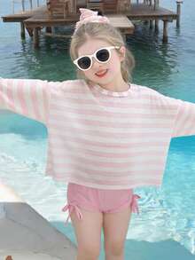 SHEIN 少女条纹宽松休闲沙滩度假泳衣罩衫 - 淺粉色 - 查看 1