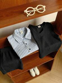 SHEIN 男童休闲校服三件套，包括背心、条纹衬衫和短裤，适合生日派对、晚宴、演出、婚礼、学校活动、洗礼、迎婴派对以及春夏秋季穿着。 - 黑色 - 查看 5