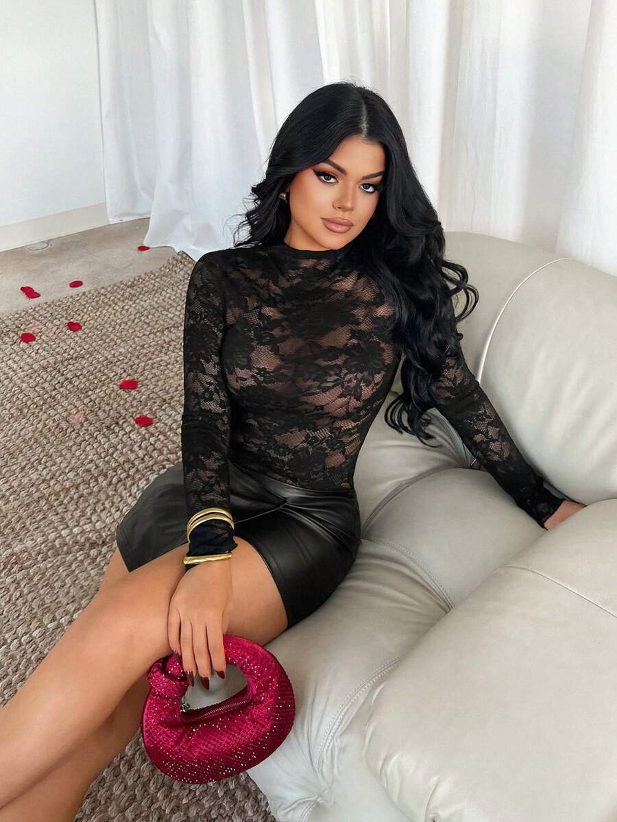 SHEIN SXY Women's Fashion Sexy Lace Patchwork PU Leather Bodycon Dress - Black - View 1