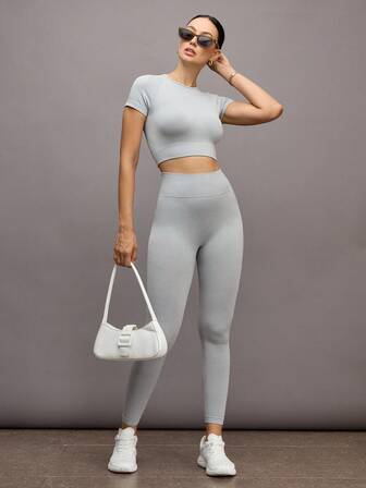 2pcs Solid Seamless High Elastic Fitness Yoga Suit Gym Outfits Set Raglan Sleeve Top Tummy Control Tights Workout Women Set
