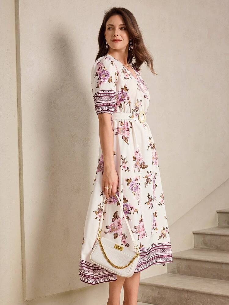 Vestido de Verão Elegante Feminino com Estampa Floral e Geométrica, Conjunto de Férias para Mulheres, Vestido de Primavera e Verão, Vestido Comprido até o Joelho, Vestido de Férias, Vestido para Sair