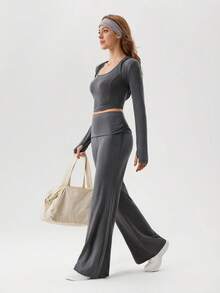 OutZeal Women Sports Pants Summer Daily Casual Soft Tencel Roll‑Down Waistband Flared Bottom - Dark Grey - View 5