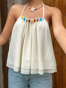 MainGRL Top halter de doble capa con decoración de cuentas, color amarillo vibrante, ideal para vacaciones casuales, verano, primavera y playa para mujeres, top casual para salir, vacaciones para mujeres - Amarillo claro - Ver 5