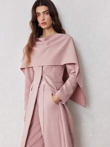 ZEYLAH Long V-Neck Shawl Collar Cinched Waist Fitted Jacket, Spring - Pink - View 4