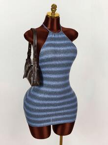 Amplova 女士性感露背吊带条纹迷你连衣裙，夏季 - 藍色 - 查看 7