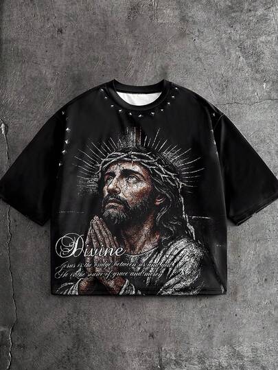 AXEPEAK 男士休闲时尚街头风人像图案铆钉装饰圆领短袖T恤