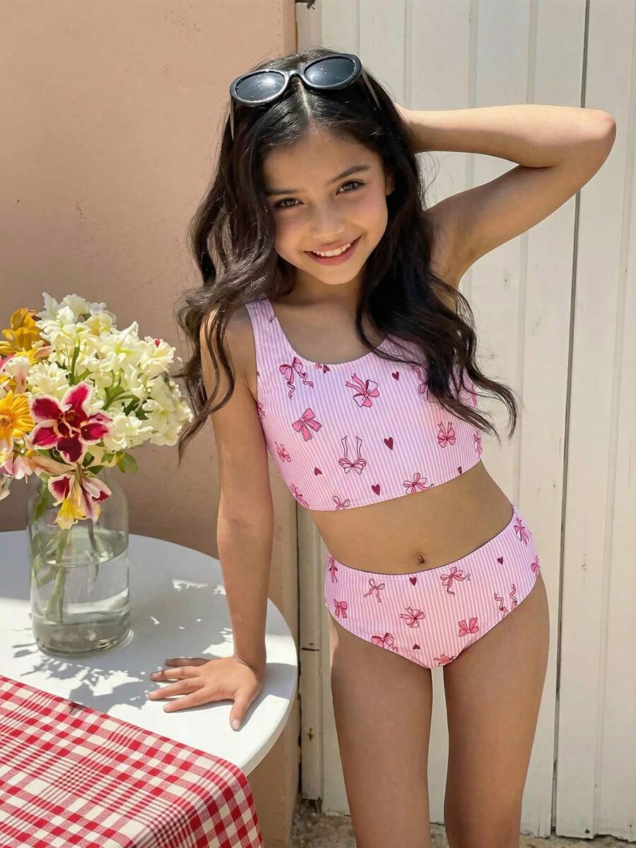SHEIN Cute Pink Striped, Bow Print Tween Girls Casual Minimalist Camisole & Triangle Bikini Swimsuit Set, Suitable For Summer - Baby Pink - View 1